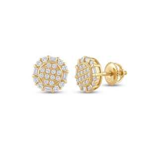 Round Pavé Center Baguette Ring Moissanite Stud Earrings in yellow gold over sterling silver