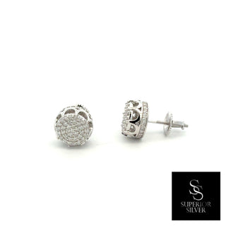 Round pavé cluster open gallery moissanite stud earrings in sterling silver, view 2