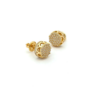 Round pavé cluster open gallery moissanite stud earrings in yellow gold vermeil over sterling silver