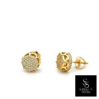 Round pavé cluster open gallery moissanite stud earrings in yellow gold vermeil over sterling silver, view 2