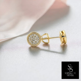 Round pavé disc milgrain edge moissanite stud earrings in yellow gold vermeil over sterling silver