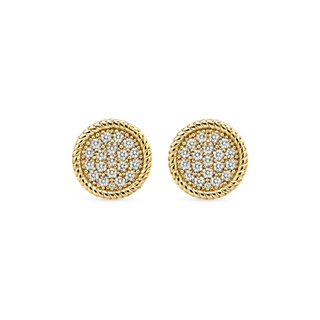 Round Pave Disc Milgrain Edge Moissanite Stud Earrings in yellow gold vermeil