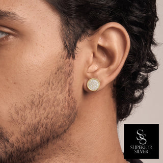 Round pavé disc milgrain edge moissanite stud earrings in yellow gold vermeil over sterling silver, worn on model