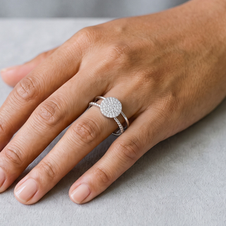 Round Pavé Disc on Split Beaded Band Moissanite Ring in sterling silver, worn on hand