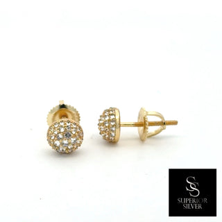 Round pavé halo cluster moissanite stud earrings in yellow gold vermeil over sterling silver, view 2