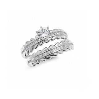 Round Solitaire Baguette Leaf Bridal Set Moissanite Ring in sterling silver