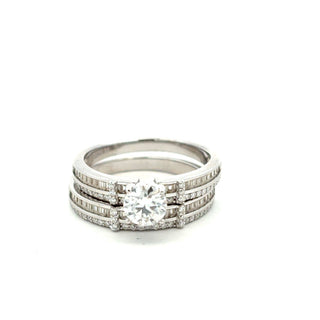Round solitaire between channel-set bands moissanite ring in sterling silver