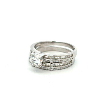 Round solitaire between channel-set bands moissanite ring in sterling silver, view 2