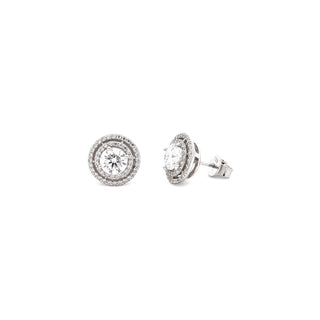 Round solitaire double halo moissanite stud earrings in yellow gold vermeil over sterling silver