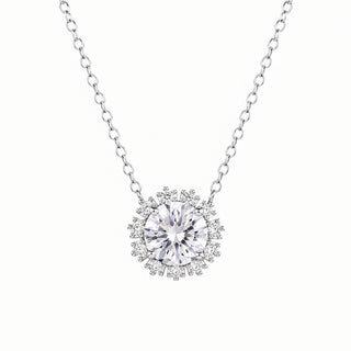 Round Solitaire Flower Halo Moissanite Necklace in sterling silver
