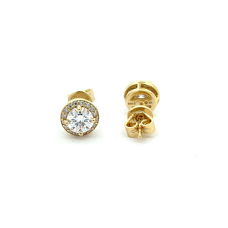 Round solitaire halo moissanite stud earrings in yellow gold vermeil over sterling silver