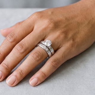 Round Solitaire Line Shank Bridal Set Moissanite Ring in sterling silver, worn on hand