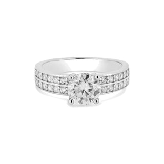 Round Solitaire on Double-Row Pavé Band Moissanite Ring in sterling silver