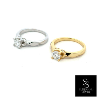 Round solitaire on faceted band moissanite ring in sterling silver and yellow gold vermeil, side by side