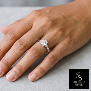 Round Solitaire on Faceted Band Moissanite Ring in sterling silver, worn on hand