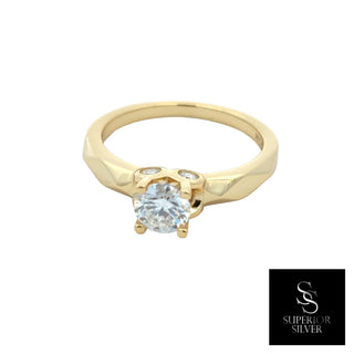 Round solitaire on faceted band moissanite ring in yellow gold vermeil over sterling silver, view 2