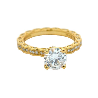 Round solitaire on scalloped pavé band moissanite ring in yellow gold vermeil over sterling silver
