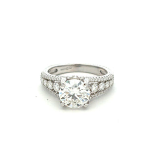 Round solitaire on split pavé shank moissanite ring in sterling silver, view 2