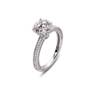 Round Solitaire on Three-Sided Pavé Band Moissanite Ring in sterling silver