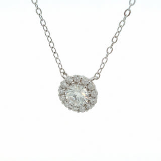 Round solitaire pavé halo moissanite necklace in sterling silver