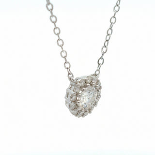 Round solitaire pavé halo moissanite necklace in sterling silver, view 2