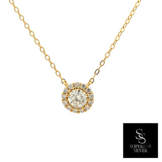 Round solitaire pavé halo moissanite necklace in yellow gold vermeil over sterling silver