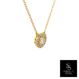 Round solitaire pavé halo moissanite necklace in yellow gold vermeil over sterling silver, view 2