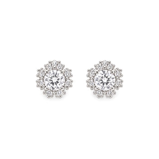 Round Solitaire Petal Halo Moissanite Stud Earrings in sterling silver