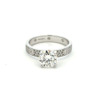 Round solitaire with bezel-accent pavé band moissanite ring in sterling silver, view 2