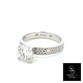 Round solitaire with bezel-accent pavé band moissanite ring in sterling silver, view 3