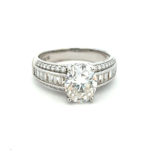 Round solitaire with channel baguette shoulders moissanite ring in sterling silver, view 2