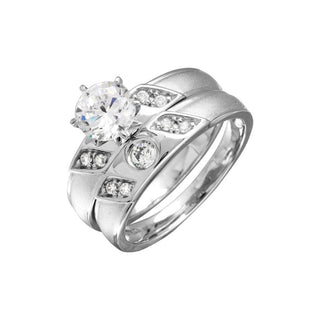 Round Solitaire with Slash Accents Bridal Set Moissanite Ring in sterling silver