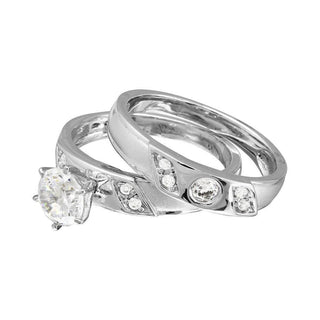Round Solitaire with Slash Accents Bridal Set Moissanite Ring in sterling silver, view 2