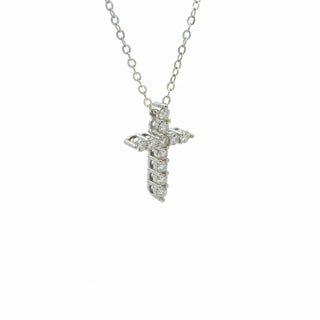 Round stone prong cross moissanite necklace in sterling silver