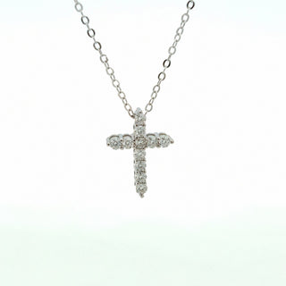 Round stone prong cross moissanite necklace in sterling silver, view 2
