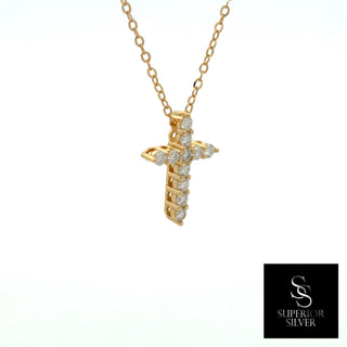 Round stone prong cross moissanite necklace in yellow gold vermeil over sterling silver