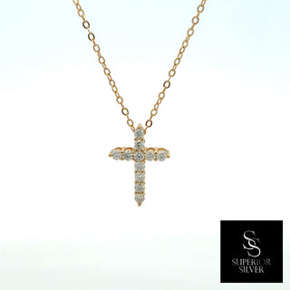 Round stone prong cross moissanite necklace in yellow gold vermeil over sterling silver, view 2