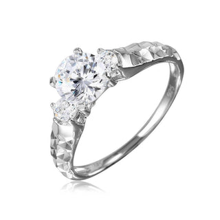 Round Three-Stone on Diamond-Cut Band Moissanite Ring in sterling silver
