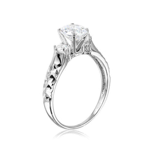 Round Three-Stone on Diamond-Cut Band Moissanite Ring in sterling silver, view 2