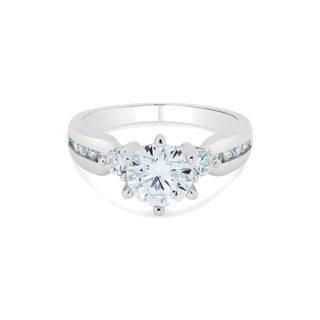 Round Three-Stone with Channel-Set Shoulders Moissanite Ring in sterling silver