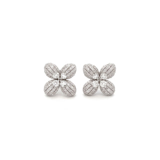 Rounded four-petal pavé flower moissanite stud earrings in sterling silver
