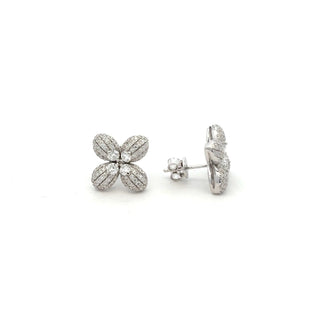 Rounded four-petal pavé flower moissanite stud earrings in sterling silver, view 2