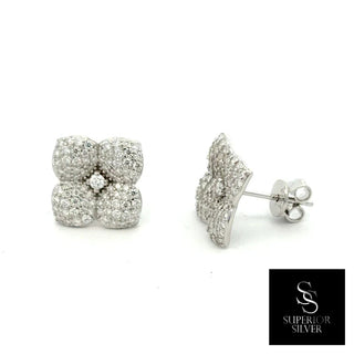 Rounded petal pavé flower moissanite stud earrings in sterling silver, view 2