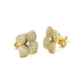 Rounded petal pavé flower moissanite stud earrings in yellow gold vermeil over sterling silver