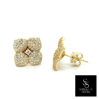 Rounded petal pavé flower moissanite stud earrings in yellow gold vermeil over sterling silver, view 2