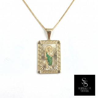 Saint Jude 10K Yellow Gold Pendant with Emerald CZ on a box chain