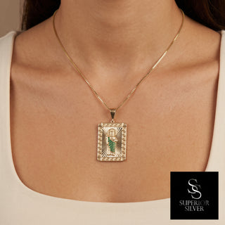 Saint Jude 10K Yellow Gold Pendant with Emerald CZ worn on a model