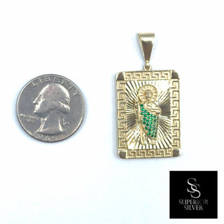 Saint Jude 10K Yellow Gold Pendant with Emerald CZ size comparison next to a US quarter