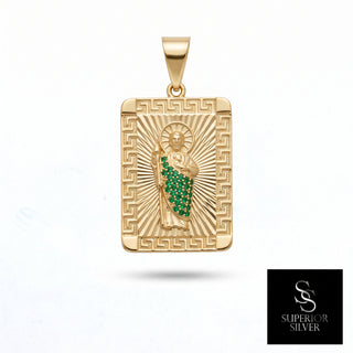 Saint Jude 10K Yellow Gold Pendant with Emerald CZ, front view
