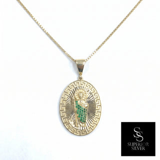 Saint Jude 10K Yellow Gold Pendant with Emerald CZ on a box chain